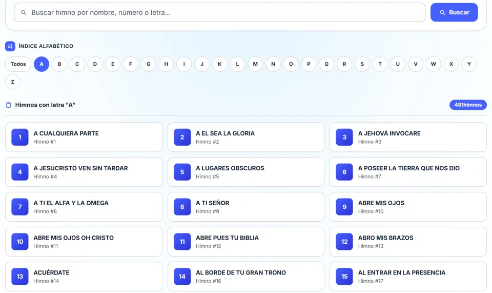 Catálogo del Himnario Digital Celeste con buscador instantáneo y tarjetas de cánticos
