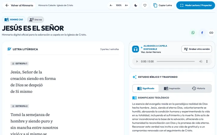 Página del cántico con letra litúrgica, estudio bíblico y muestra a capela